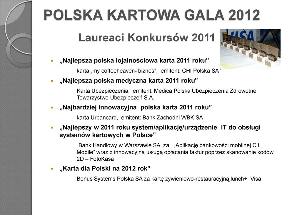 Najbardziej innowacyjna polska karta 2011 roku karta Urbancard, emitent: Bank Zachodni WBK SA Najlepszy w 2011 roku system/aplikację/urządzenie IT do obsługi systemów
