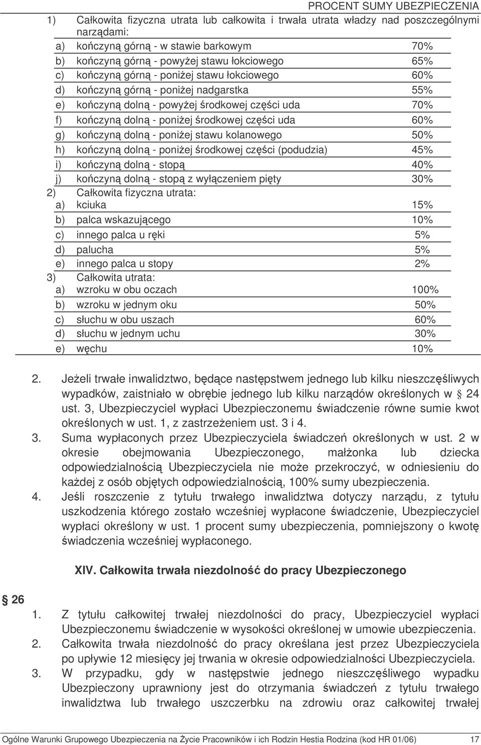 koczyn doln - poniej stawu kolanowego 50% h) koczyn doln - poniej rodkowej czci (podudzia) 45% i) koczyn doln - stop 40% j) koczyn doln - stop z wyłczeniem pity 30% 2) Całkowita fizyczna utrata: a)