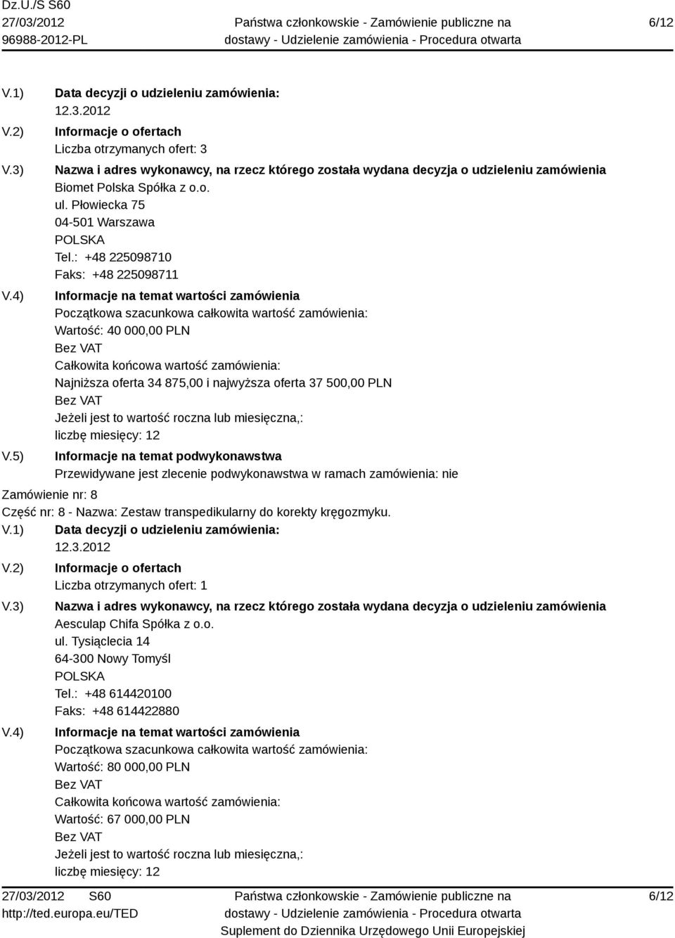 : +48 225098710 Faks: +48 225098711 Wartość: 40 000,00 PLN Najniższa oferta 34 875,00 i najwyższa oferta 37 500,00 PLN