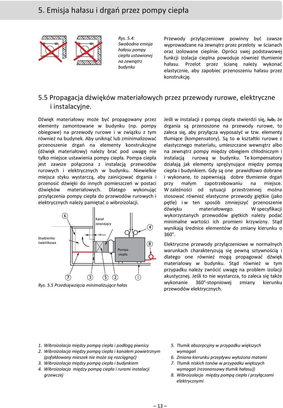 Oprócz swej podstawowej funkcji izolacja cieplna powoduje również tłumienie hałasu. Przelot przez ścianę należy wykonać elastycznie, aby zapobiec przenoszeniu hałasu przez konstrukcję. 5.