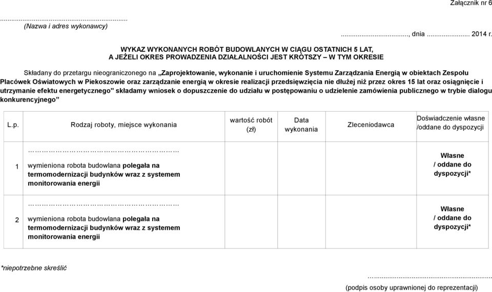 uruchomienie Systemu Zarządzania Energią w obiektach Zespołu Placówek Oświatowych w Piekoszowie oraz zarządzanie energią w okresie realizacji przedsięwzięcia nie dłużej niż przez okres 15 lat oraz