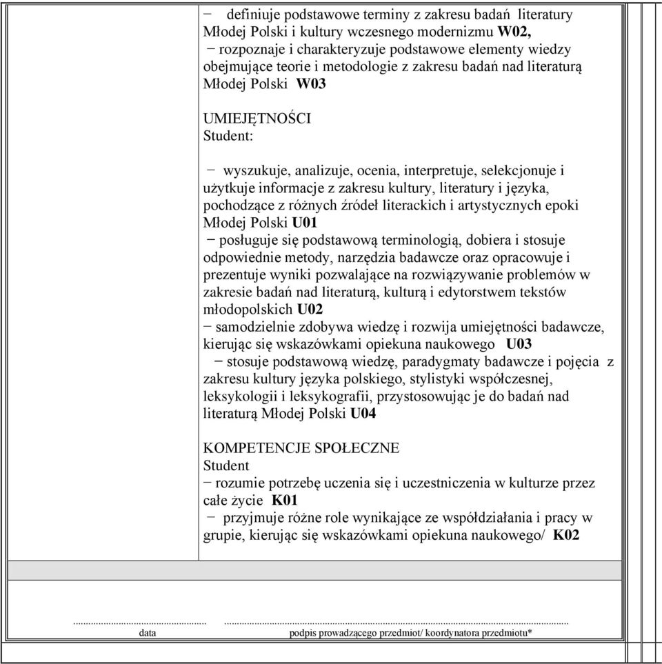 z różnych źródeł literackich i artystycznych epoki Młodej Polski U01 posługuje się podstawową terminologią, dobiera i stosuje odpowiednie metody, narzędzia badawcze oraz opracowuje i prezentuje