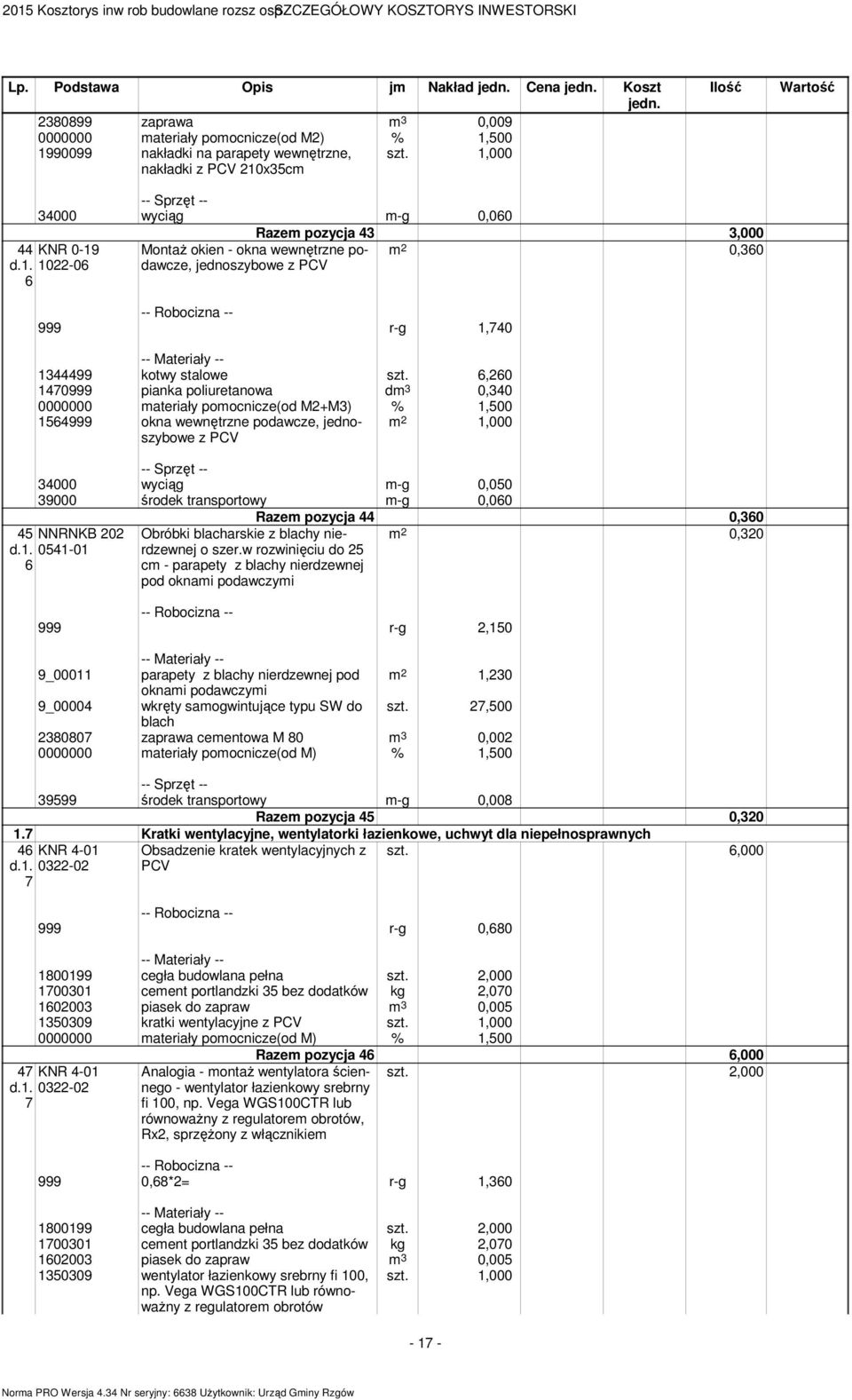 ,000 nakładki z PCV 20x5cm 4000 wyciąg m-g 0,00 44 KNR 0-9 d.. 022-0 Razem pozycja 4,000 0,0 Montaż okien - okna wewnętrzne podawcze, jednoszybowe z PCV 999 r-g,740 44499 kotwy stalowe szt.