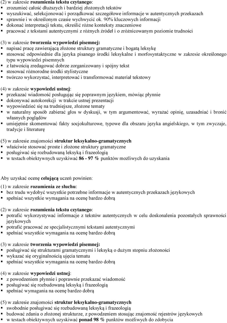 zawierającą złożone struktury gramatyczne i bogatą leksykę stosować odpowiednie dla języka pisanego środki leksykalne i morfosyntaktyczne w zakresie określonego typu wypowiedzi pisemnych z łatwością