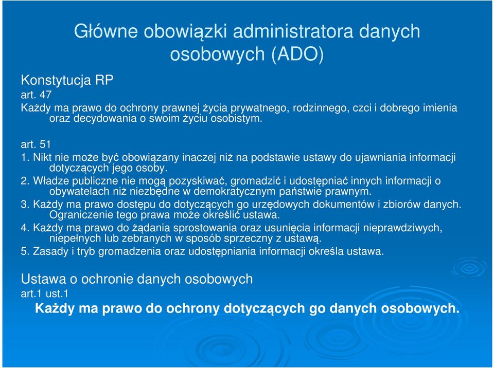 Nikt nie może być obowiązany inaczej niż na podstawie ustawy do ujawniania informacji dotyczących jego osoby. 2.