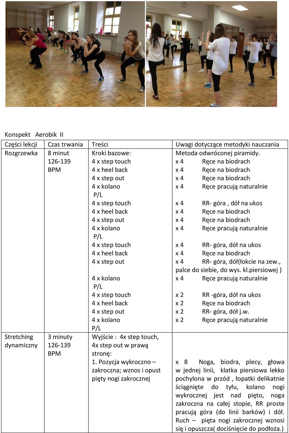 , Stretching dynamiczny 3 minuty 4 x step out Wyjście : 4x step touch, 4x step out w prawą stronę: 1. Pozycja wykroczno zakroczna; wznos i opust pięty nogi zakrocznej palce do siebie, do wys. kl.