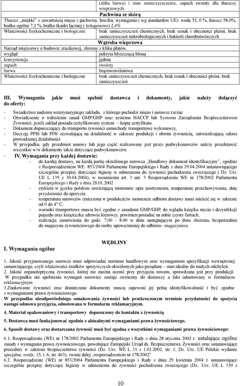 Właściwości fizykochemiczne i biologiczne brak zanieczyszczeń chemicznych, brak oznak i obecności pleśni, brak zanieczyszczeń mikrobiologicznych i bakterii chorobotwórczych Wątroba wieprzowa Narząd