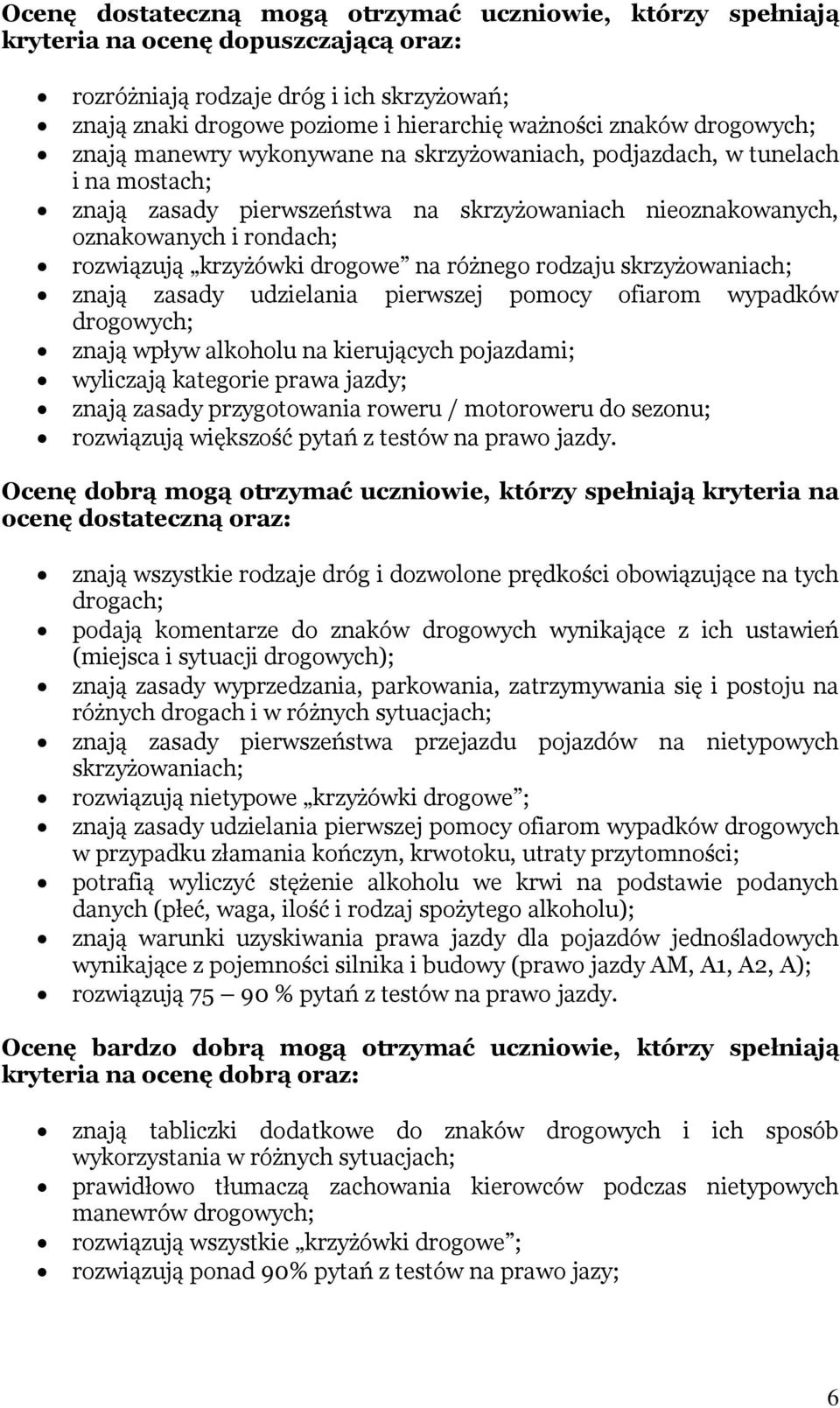 drogowe na różnego rodzaju skrzyżowaniach; znają zasady udzielania pierwszej pomocy ofiarom wypadków drogowych; znają wpływ alkoholu na kierujących pojazdami; wyliczają kategorie prawa jazdy; znają