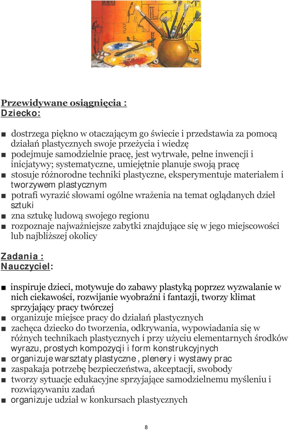 na temat oglądanych dzieł sztuki zna sztukę ludową swojego regionu rozpoznaje najważniejsze zabytki znajdujące się w jego miejscowości lub najbliższej okolicy Zadania : Nauczyciel: inspiruje dzieci,