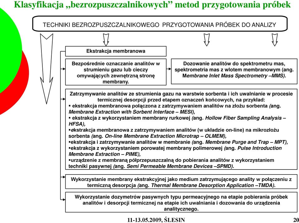 Zatrzymywanie analitów ze strumienia gazu na warstwie sorbenta i ich uwalnianie w procesie termicznej desorpcji przed etapem oznaczeń końcowych, na przykład: ekstrakcja membranowa połączona z