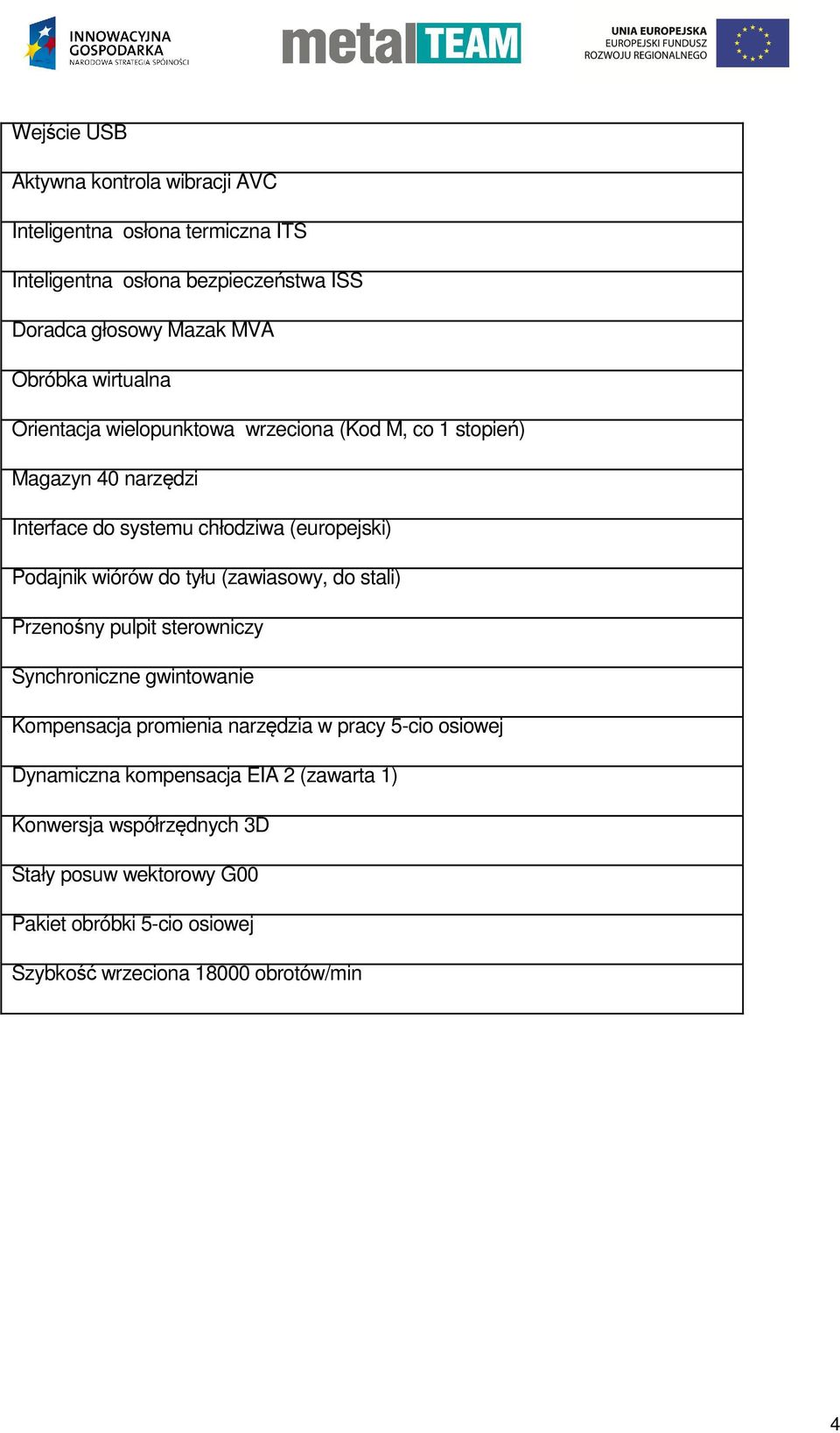 do tyłu (zawiasowy, do stali) Przenośny pulpit sterowniczy Synchroniczne gwintowanie Kompensacja promienia narzędzia w pracy 5-cio osiowej