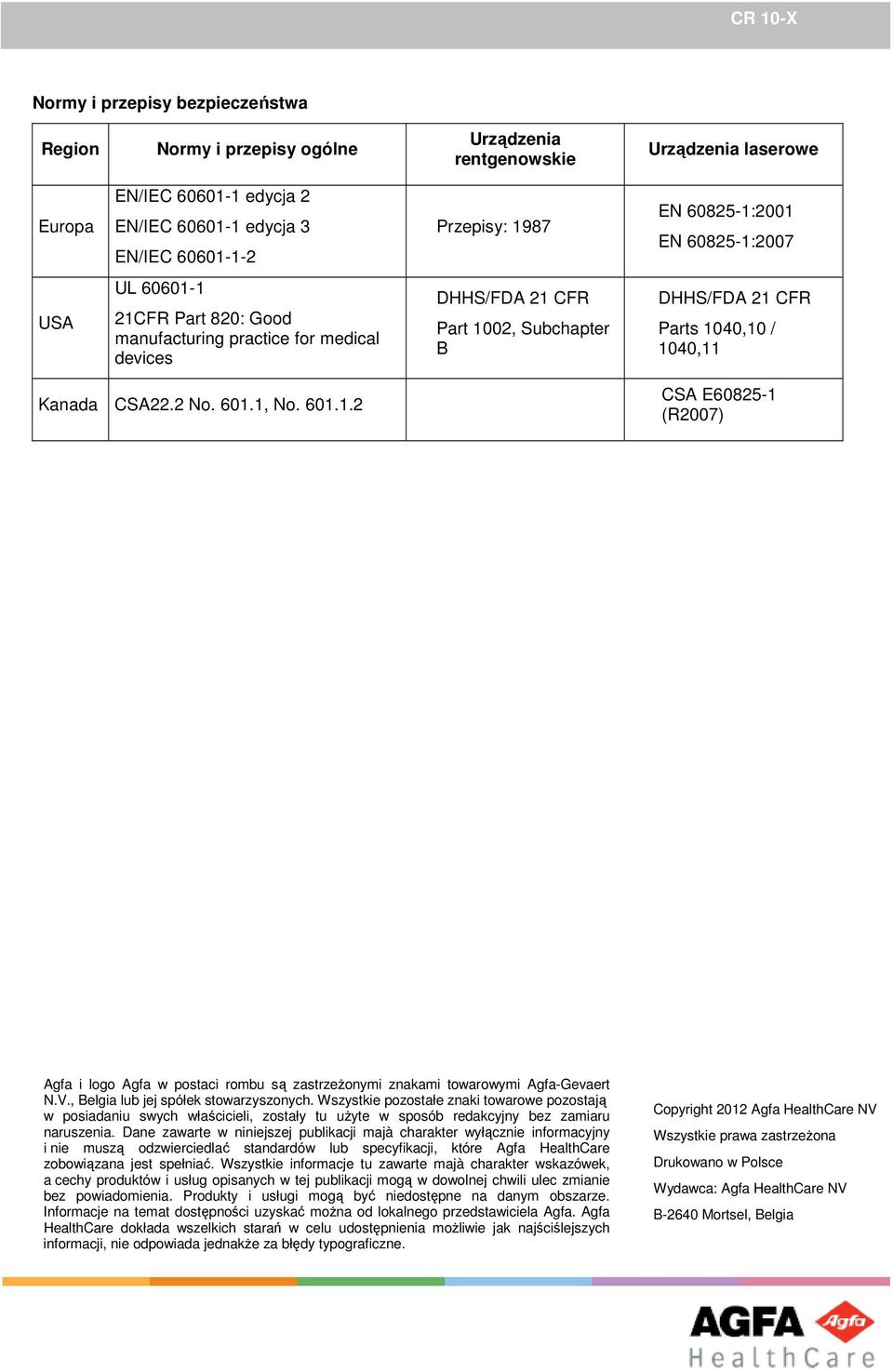 CSA22.2 No. 601.1, No. 601.1.2 CSA E60825-1 (R2007) Agfa i logo Agfa w postaci rombu są zastrzeżonymi znakami towarowymi Agfa-Gevaert N.V., Belgia lub jej spółek stowarzyszonych.