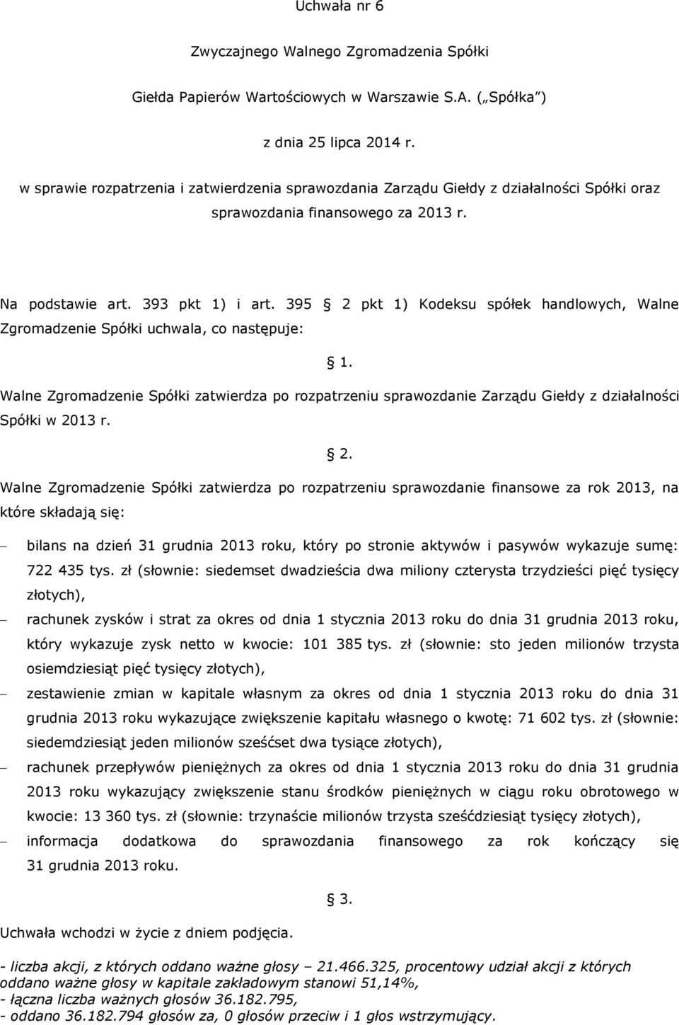 r. Walne Zgromadzenie Spółki zatwierdza po rozpatrzeniu sprawozdanie finansowe za rok 2013, na które składają się: bilans na dzień 31 grudnia 2013 roku, który po stronie aktywów i pasywów wykazuje