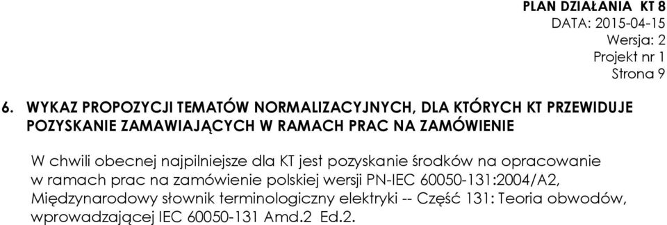 RAMACH PRAC NA ZAMÓWIENIE W chwili obecnej najpilniejsze dla KT jest pozyskanie środków na