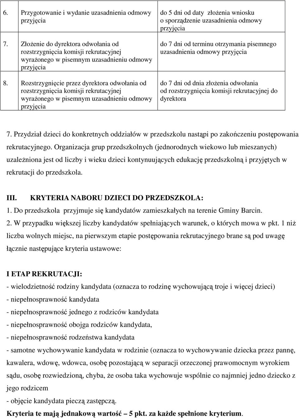 odmowy przyjęcia do 7 dni od terminu otrzymania pisemnego uzasadnienia odmowy przyjęcia do 7 dni od dnia złożenia odwołania od rozstrzygnięcia komisji rekrutacyjnej do dyrektora 7.