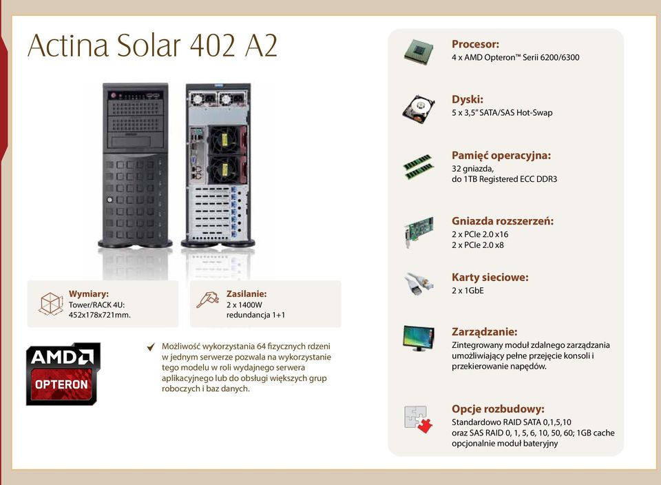 2 x 1400W redundancja 1+1 Możliwość wykorzystania 64 fizycznych rdzeni w jednym serwerze pozwala na wykorzystanie tego modelu w