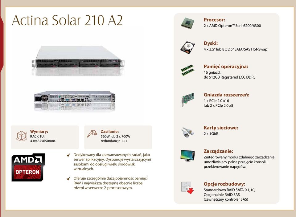 560W lub 2 x 700W redundancja 1+1 Dedykowany dla zaawansowanych zadań, jako serwer aplikacyjny.