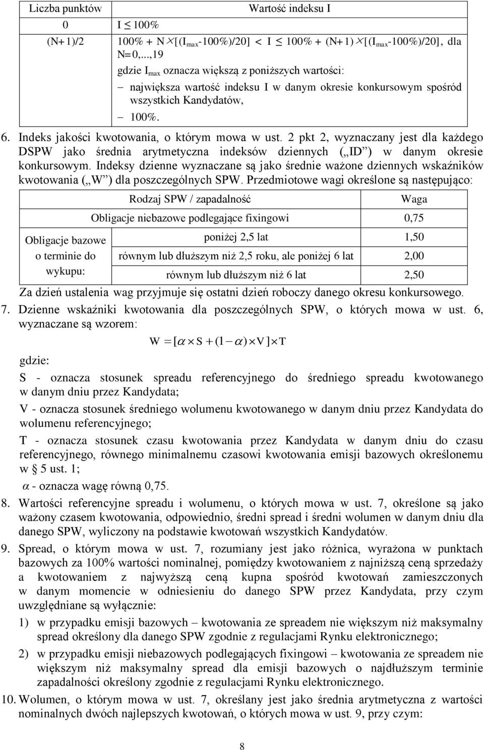 Indeks jakości kwotowania, o którym mowa w ust. 2 pkt 2, wyznaczany jest dla każdego DSPW jako średnia arytmetyczna indeksów dziennych ( ID ) w danym okresie konkursowym.