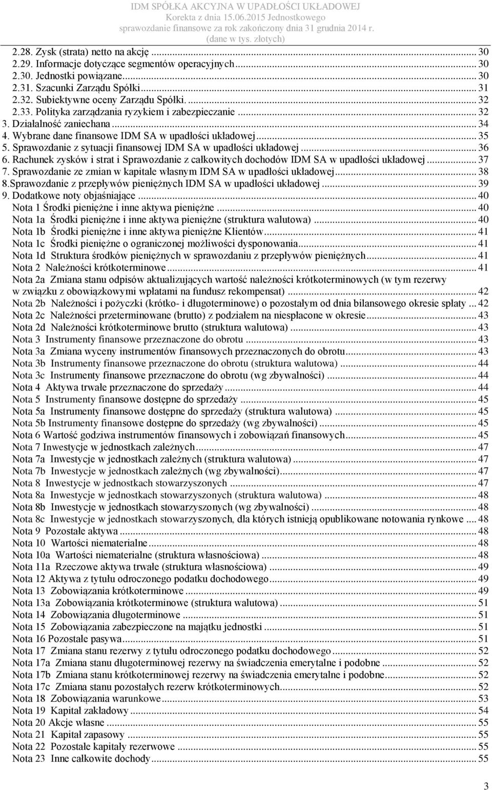 Sprawozdanie z sytuacji finansowej IDM SA w upadłości układowej... 36 6. Rachunek zysków i strat i Sprawozdanie z całkowitych dochodów IDM SA w upadłości układowej... 37 7.