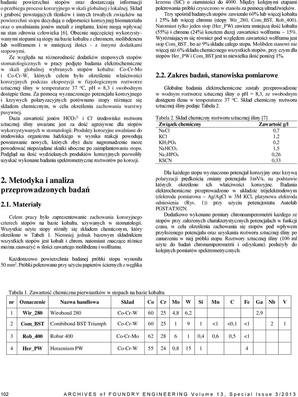 stan zdrowia człowieka [6]. Obecnie najczęściej wykorzystywanymi stopami są stopy na bazie kobaltu z chromem, molibdenem lub wolframem i w mniejszej ilości - z innymi dodatkami stopowymi.