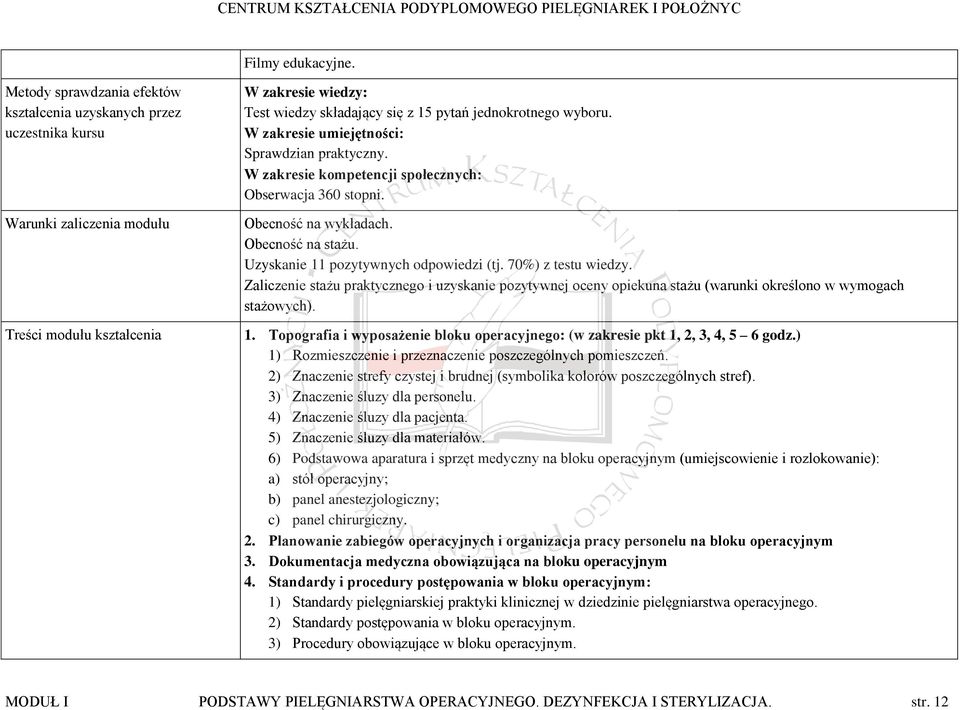 wyboru. W zakresie umiejętności: Sprawdzian praktyczny. W zakresie kompetencji społecznych: Obserwacja 360 stopni. Obecność na wykładach. Obecność na stażu. Uzyskanie 11 pozytywnych odpowiedzi (tj.