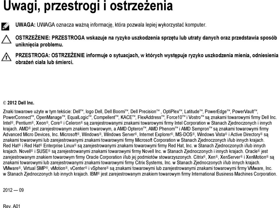 PRZESTROGA: OSTRZEŻENIE informuje o sytuacjach, w których występuje ryzyko uszkodzenia mienia, odniesienia obrażeń ciała lub śmierci. 2012 Dell Inc.