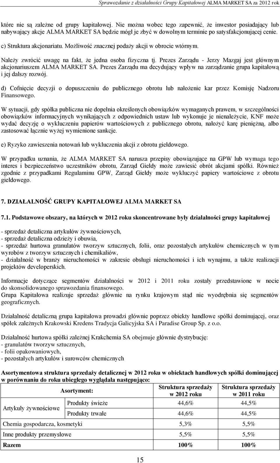 Możliwość znacznej podaży akcji w obrocie wtórnym. Należy zwrócić uwagę na fakt, że jedna osoba fizyczna tj. Prezes Zarządu - Jerzy Mazgaj jest głównym akcjonariuszem ALMA MARKET SA.