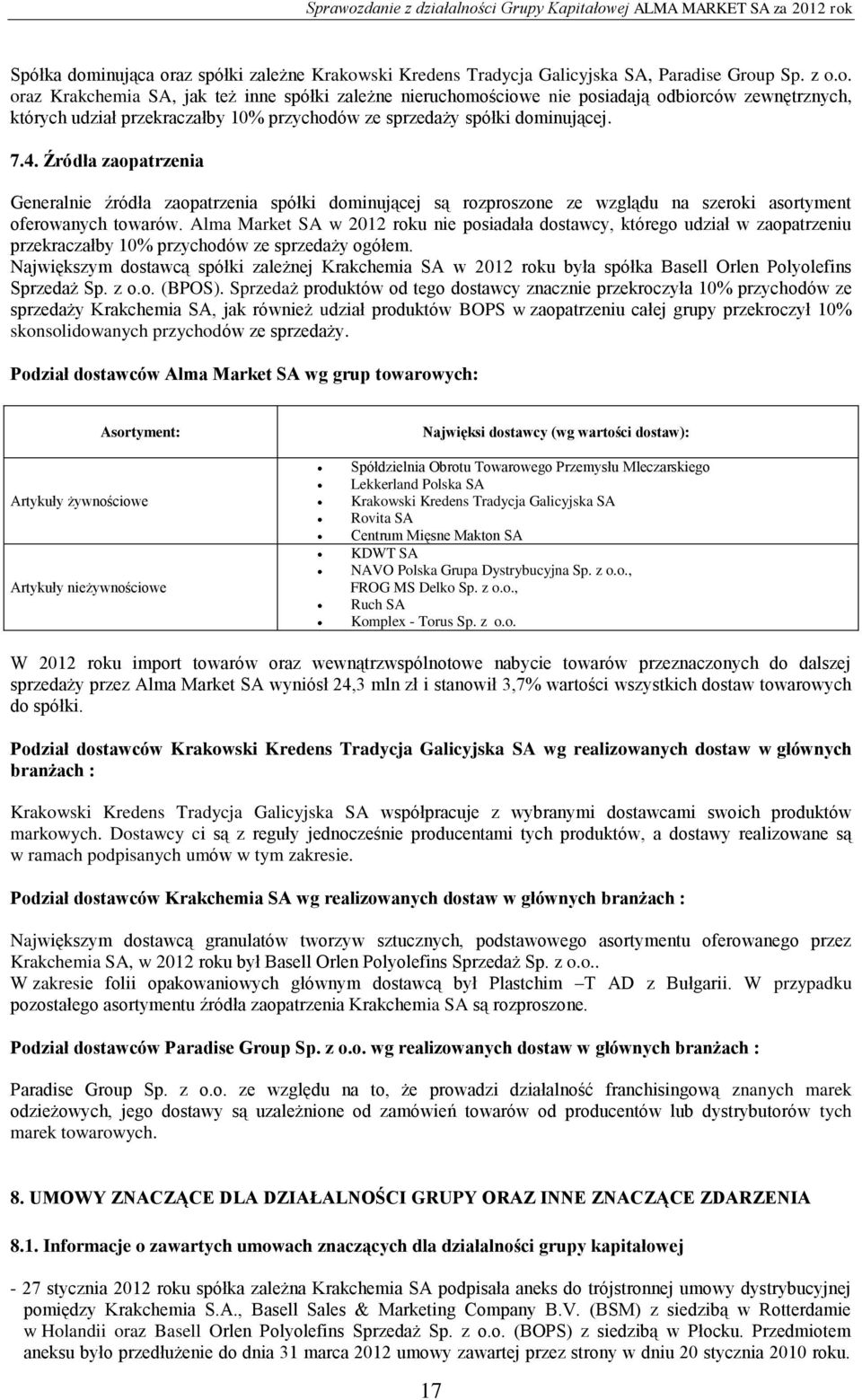 Alma Market SA w 2012 roku nie posiadała dostawcy, którego udział w zaopatrzeniu przekraczałby 10% przychodów ze sprzedaży ogółem.