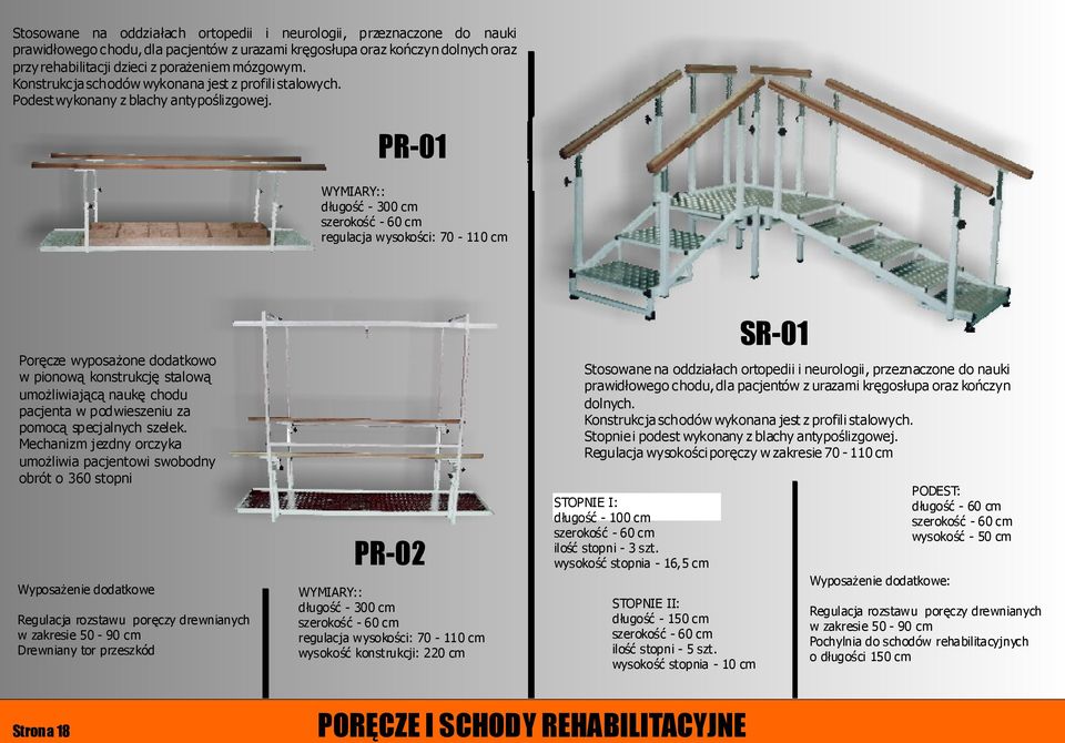 PR-01 WYMIARY:: długość - 300 cm szerokość - 60 cm regulacja wysokości: 70-110 cm Poręcze wyposażone dodatkowo w pionową konstrukcję stalową umożliwiającą naukę chodu pacjenta w podwieszeniu za