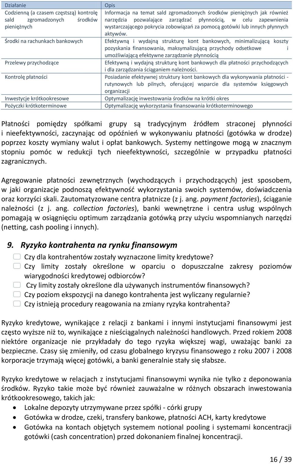 Środki na rachunkach bankowych Efektywną i wydajną strukturę kont bankowych, minimalizującą koszty pozyskania finansowania, maksymalizującą przychody odsetkowe i umożliwiającą efektywne zarządzanie