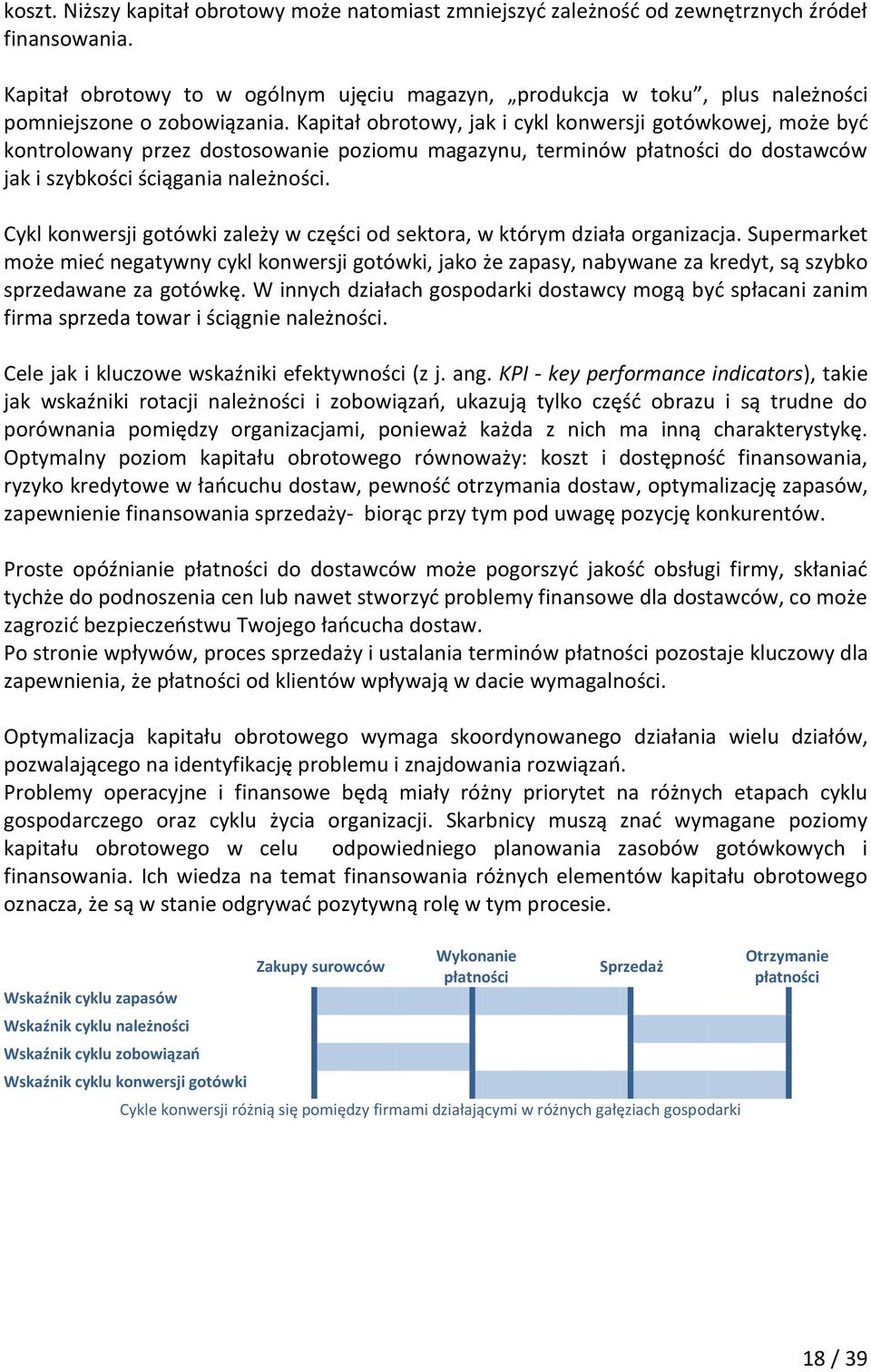 Kapitał obrotowy, jak i cykl konwersji gotówkowej, może być kontrolowany przez dostosowanie poziomu magazynu, terminów płatności do dostawców jak i szybkości ściągania należności.