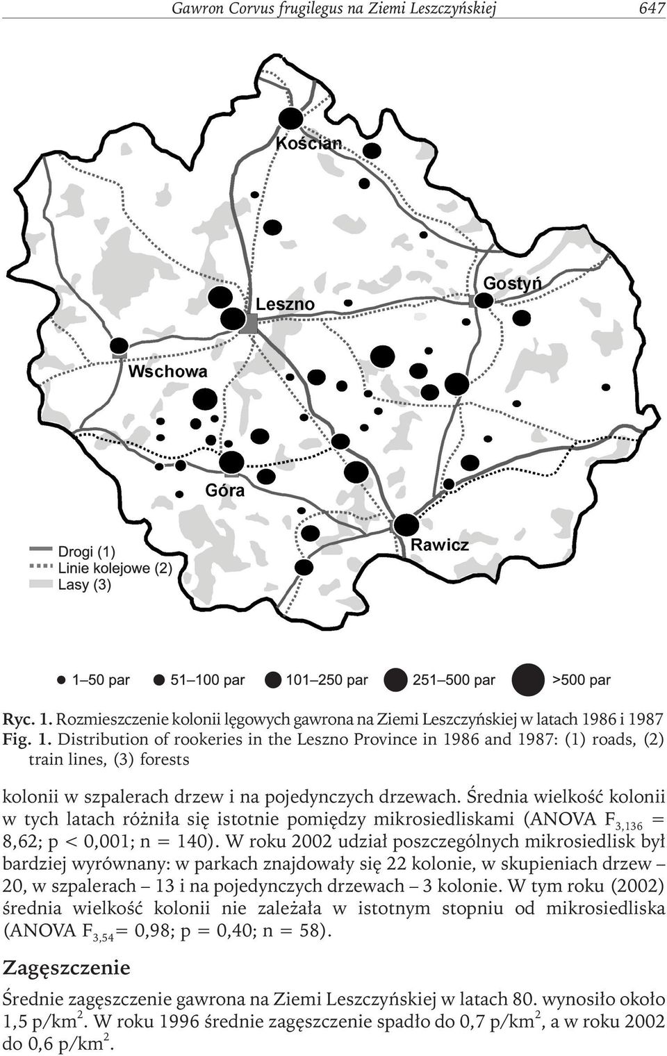 86 i 1987 Fig. 1. Distribution of rookeries in the Leszno Province in 1986 and 1987: (1) roads, (2) train lines, (3) forests kolonii w szpalerach drzew i na pojedynczych drzewach.