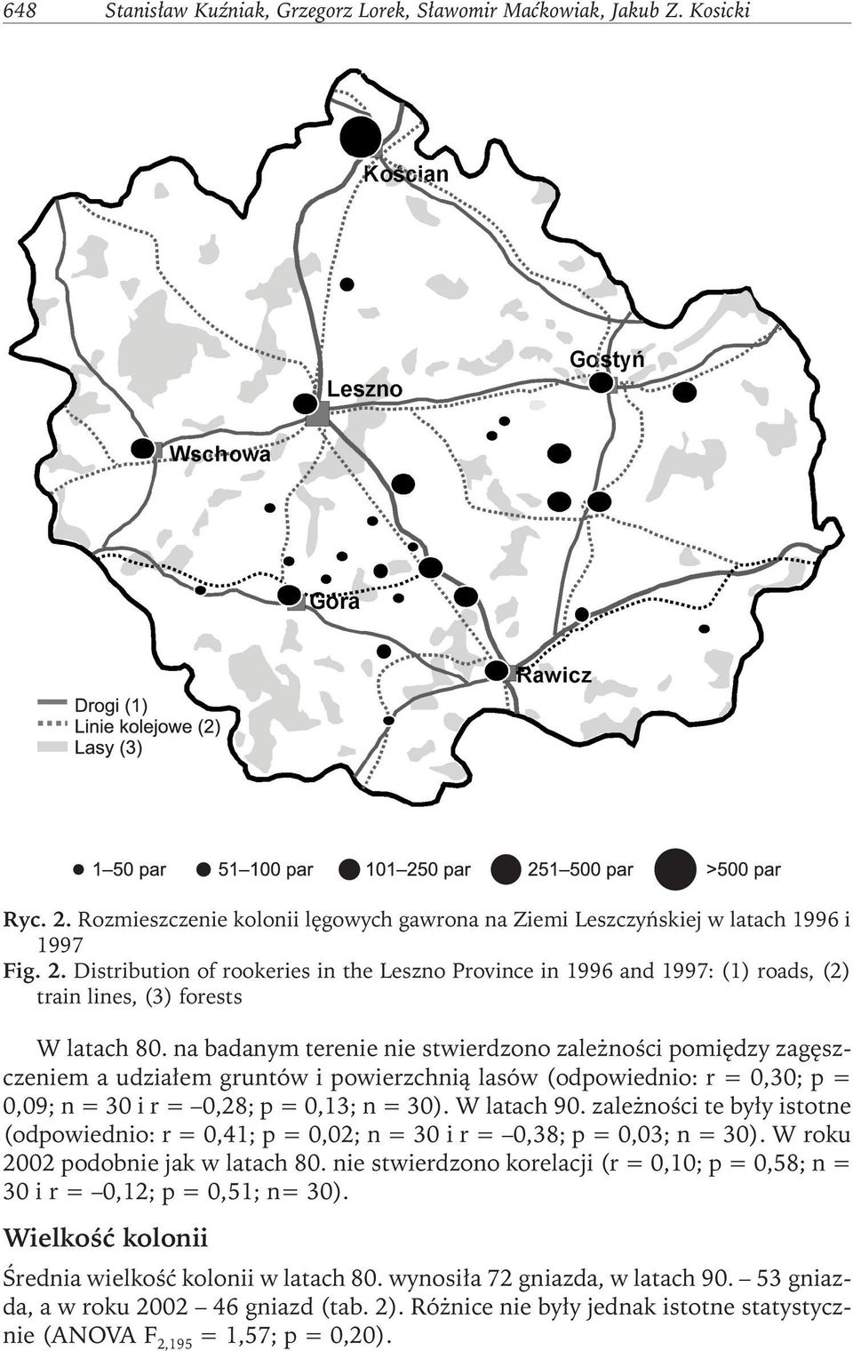 Distribution of rookeries in the Leszno Province in 1996 and 1997: (1) roads, (2) train lines, (3) forests W latach 80.