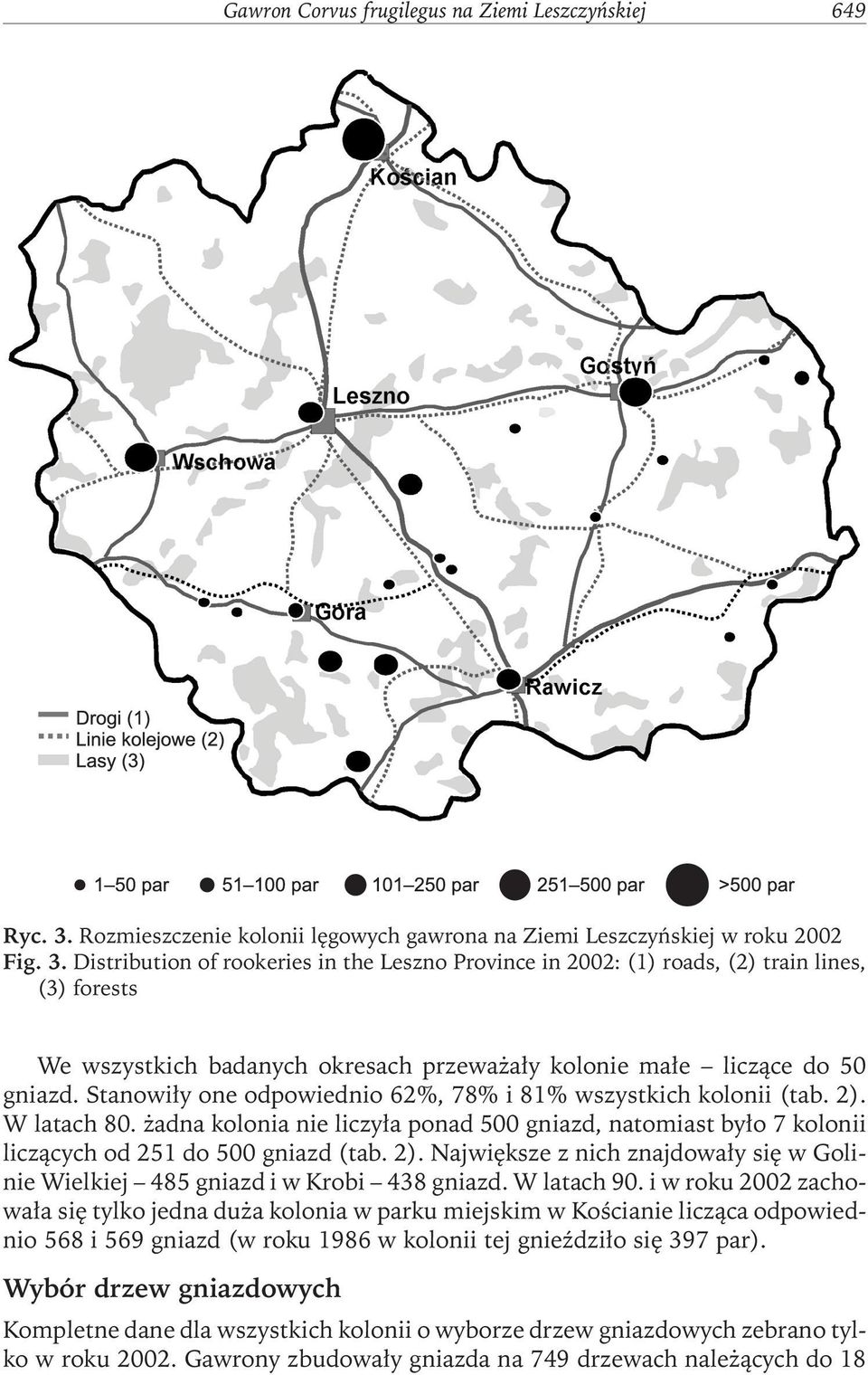 Distribution of rookeries in the Leszno Province in 2002: (1) roads, (2) train lines, (3) forests We wszystkich badanych okresach przeważały kolonie małe liczące do 50 gniazd.