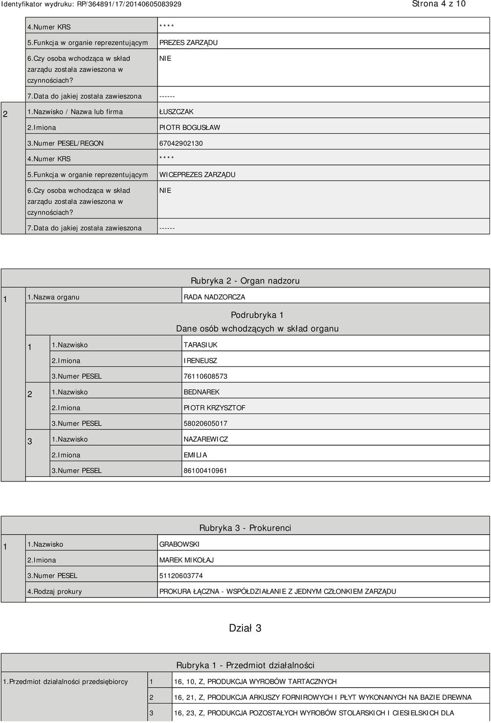 Czy osoba wchodząca w skład zarządu została zawieszona w czynnościach? WICEPREZES ZARZĄDU 7.Data do jakiej została zawieszona ------ Rubryka 2 - Organ nadzoru 1 1.