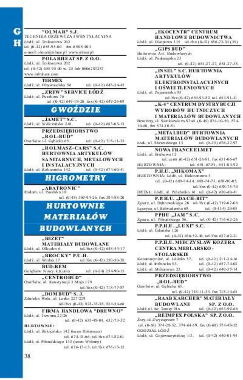 (0-42) 683-03-13 ROL-BUD Ozorków, ul. Gêbicka 65, tel. (0-42) 718-11-33 ROLMASZ-CARS S.C. HURTOWNIA ARTYKU ÓW SANITARNYCH, METALOWYCH I INSTALACYJNYCH ódÿ, ul. Rokiciñska 142 tel.