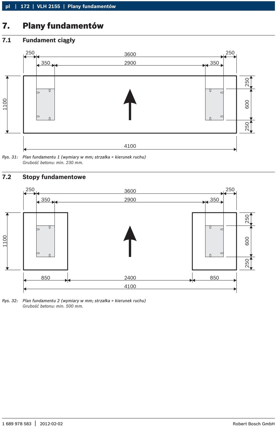 31: Plan fundamentu 1 (wymiary w mm; strzałka = kierunek ruchu) Grubość betonu: min. 230 mm. 7.