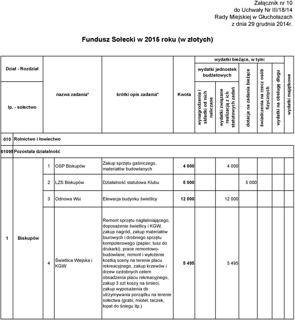 LZS Biskupów Działalność statutowa Klubu 000 000 Odnowa Wsi Elewacja budynku świetlicy 000 000 Biskupów Świetlica Wiejska i KGW Remont sprzętu nagłaśniającego, doposażenie świetlicy i KGW, zakup