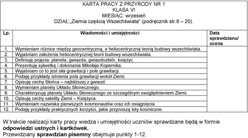 Podaję przykłady istnienia pola grawitacji wokół Ziemi. 7. Opisuję cechy Słońca najbliższej z gwiazd. 8. Wymieniam planety Układu Słonecznego. 9.