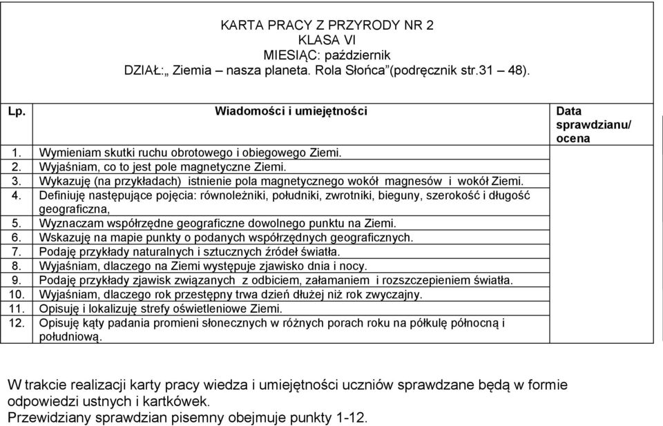 Definiuję następujące pojęcia: równoleżniki, południki, zwrotniki, bieguny, szerokość i długość geograficzna, 5. Wyznaczam współrzędne geograficzne dowolnego punktu na Ziemi. 6.