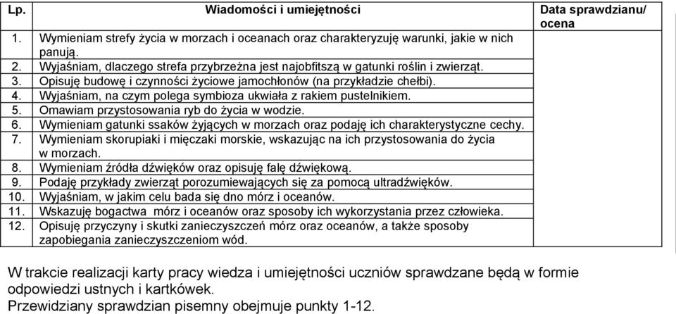 Wymieniam gatunki ssaków żyjących w morzach oraz podaję ich charakterystyczne cechy. 7. Wymieniam skorupiaki i mięczaki morskie, wskazując na ich przystosowania do życia w morzach. 8.