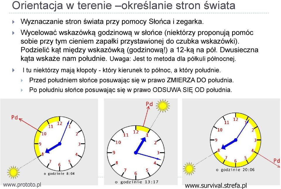 Podzielić kąt między wskazówką (godzinową!) a 12-ką na pół. Dwusieczna kąta wskaże nam południe. Uwaga: Jest to metoda dla półkuli północnej.