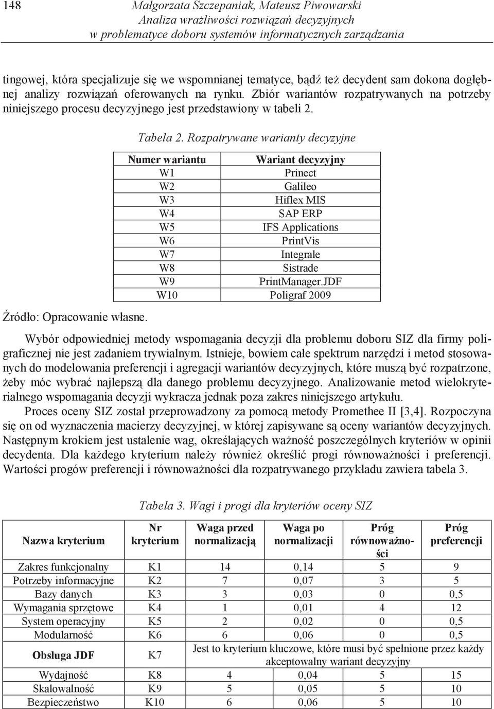 Tabela 2. Rozpatrywane warianty decyzyjne Numer wariantu Wariant decyzyjny W1 Prinect W2 Galileo W3 Hiflex MIS W4 SAP ERP W5 IFS Applications W6 PrintVis W7 Integrale W8 Sistrade W9 PrintManager.