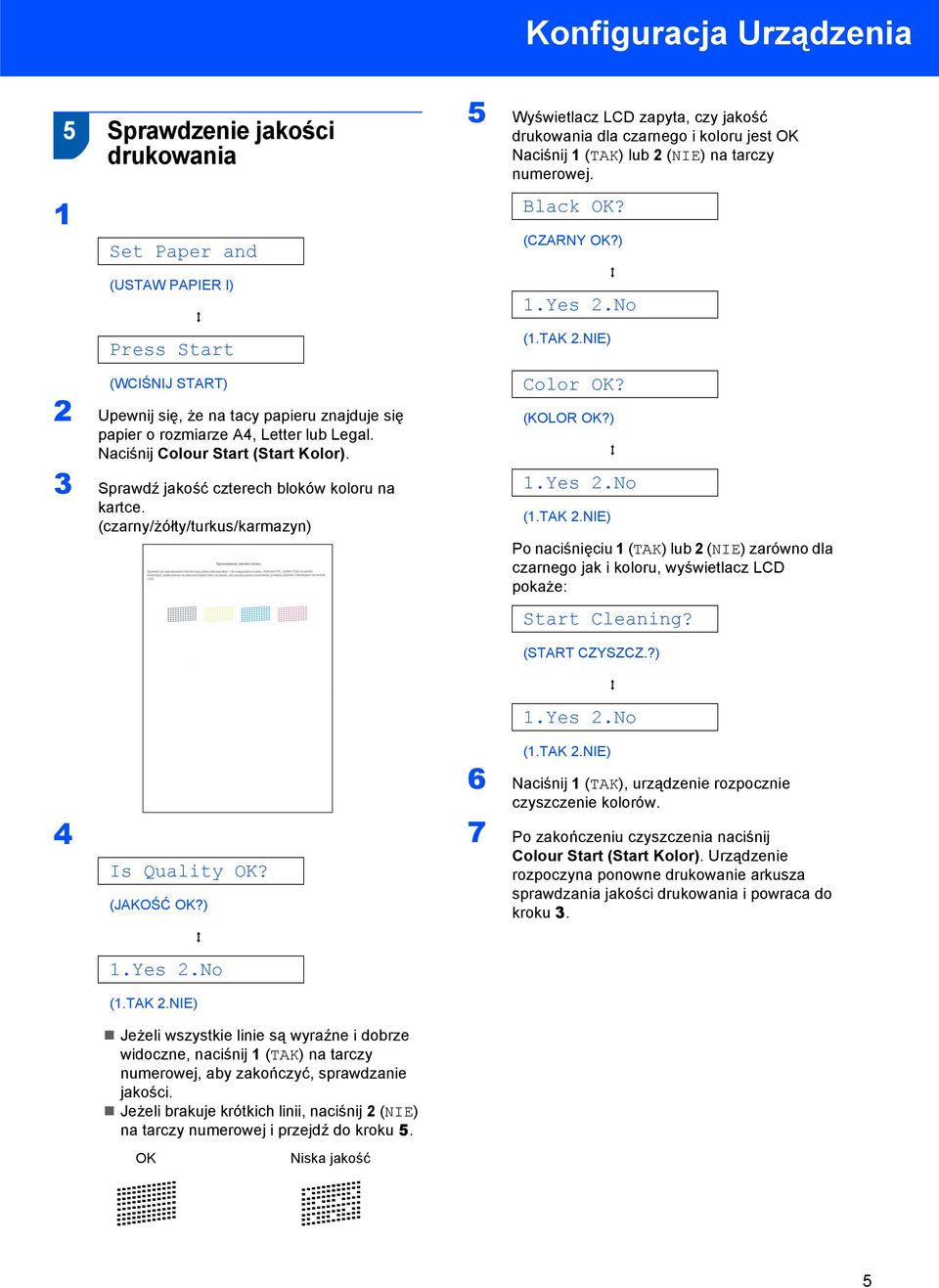 (czarny/żółty/turkus/karmazyn) 5 Wyświetlacz LCD zapyta, czy jakość drukowania dla czarnego i koloru jest OK Naciśnij (TAK) lub 2 (NIE) na tarczy numerowej. Black OK? (CZARNY OK?) q.yes 2.No (.TAK 2.