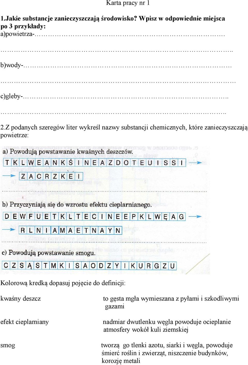 Z podanych szeregów liter wykreśl nazwy substancji chemicznych, które zanieczyszczają powietrze: Kolorową kredką dopasuj pojęcie do