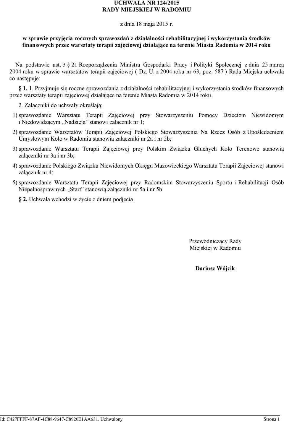 podstawie ust. 3 21 Rozporządzenia Ministra Gospodarki Pracy i Polityki Społecznej z dnia 25 marca 2004 roku w sprawie warsztatów terapii zajęciowej ( Dz. U. z 2004 roku nr 63, poz.