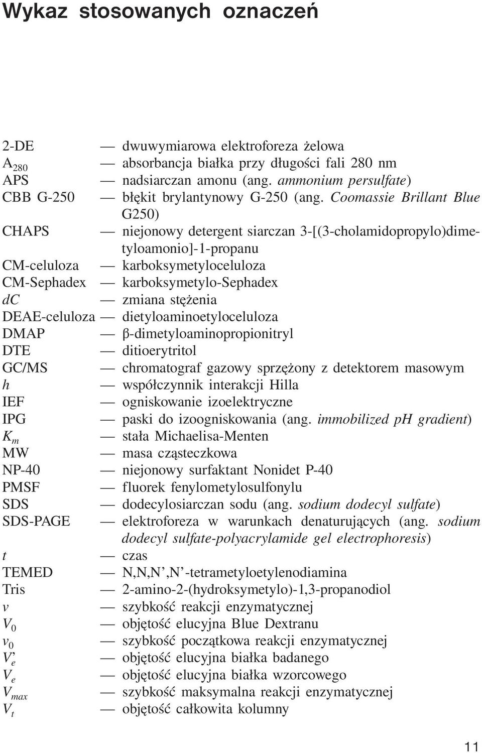 Coomassie Brillant Blue G250) CHAPS niejonowy detergent siarczan 3-[(3-cholamidopropylo)dimetyloamonio]-1-propanu CM-celuloza karboksymetyloceluloza CM-Sephadex karboksymetylo-sephadex dc zmiana