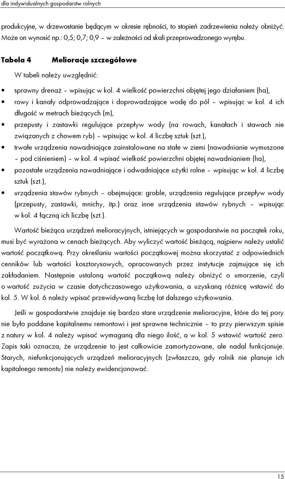 4 wielkość powierzchni objętej jego działaniem (ha), rowy i kanały odprowadzające i doprowadzające wodę do pól wpisując w kol.