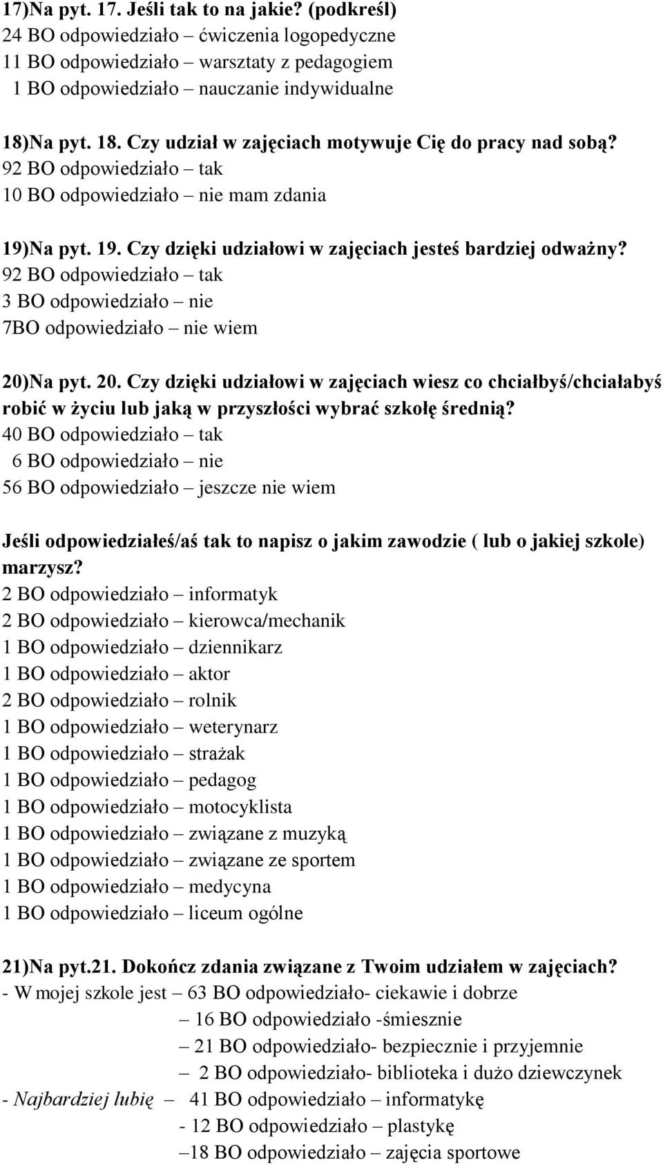 3 BO odpowiedziało nie 7BO odpowiedziało nie wiem 20)Na pyt. 20. Czy dzięki udziałowi w zajęciach wiesz co chciałbyś/chciałabyś robić w życiu lub jaką w przyszłości wybrać szkołę średnią?