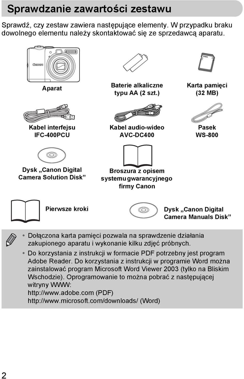 ) Karta pamięci (32 MB) Kabel interfejsu IFC-400PCU Kabel audio-wideo AVC-DC400 Pasek WS-800 Dysk Canon Digital Camera Solution Disk Broszura z opisem systemu gwarancyjnego firmy Canon Pierwsze kroki